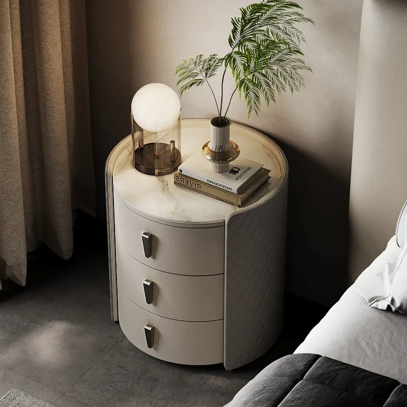 Light luxury minimalist round rock slab bedside table Italian high-end bedroom solid wood bedside cabinet modern simplicity