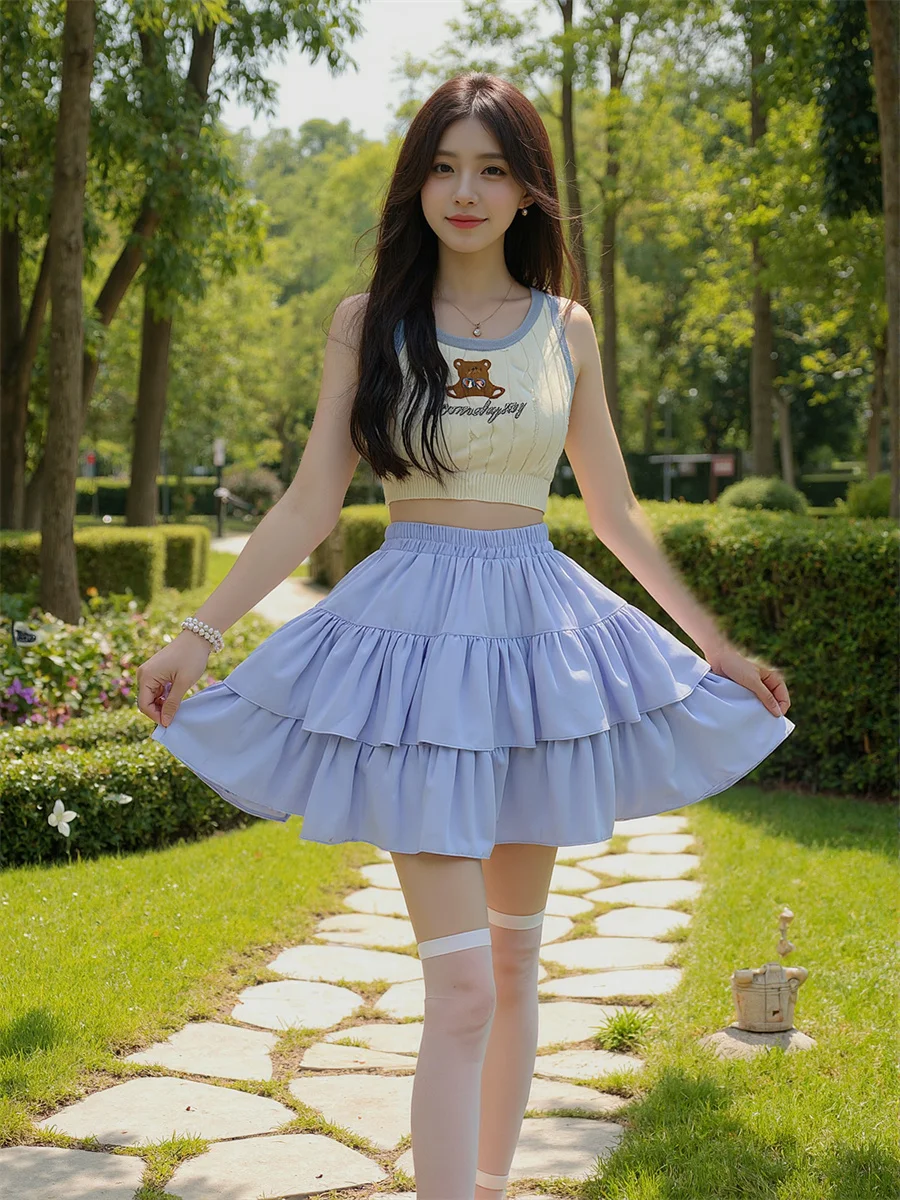 Minifaldas con volantes para mujer, faldas de algodón con retales, malla plisada con volantes, cintura en capas, versátiles, cómodas, básicas femeninas dulces