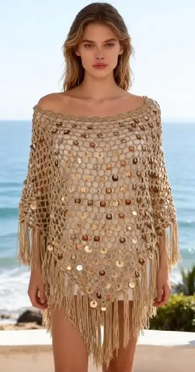 Women's Tassel Knit Ponchos Sparkly Sequin Loose Fit Hollow Out Handmade Crochet Shrug Shawl Casual Beach Wear