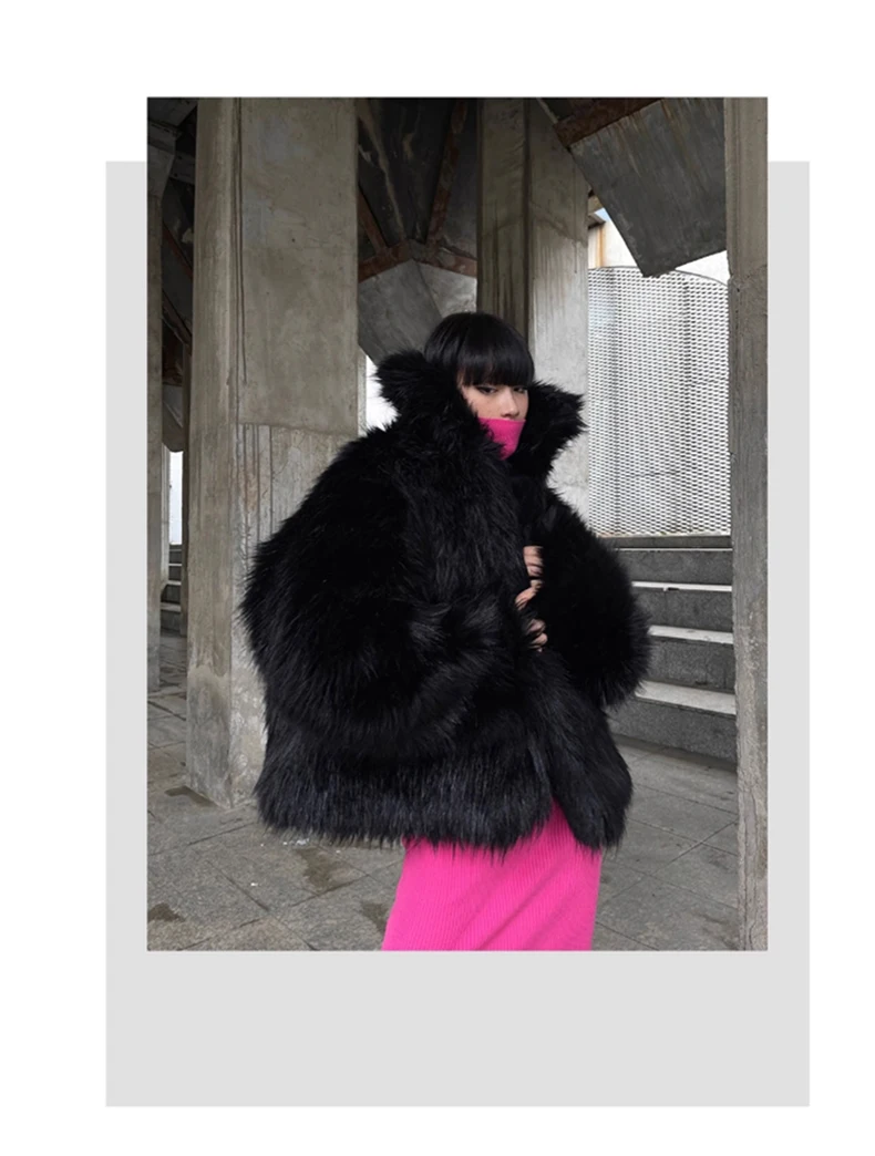Lautaro Winter Cool Oversized Casual Soft Thick Warm Black Hariy Shaggy Faux Fur Coat Women Turn-down Collar Fluffy Jacket 2023