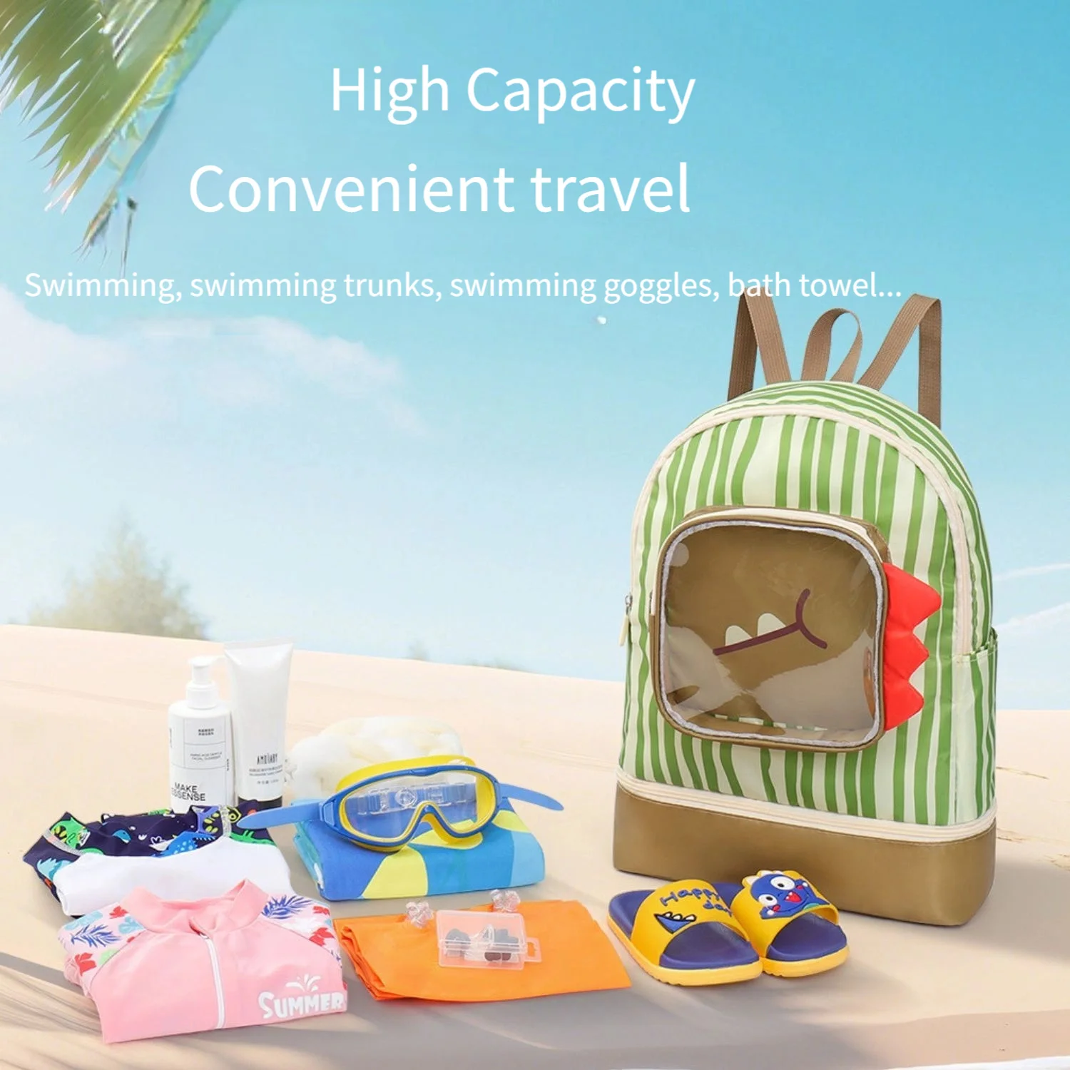 

Летняя сумка для плавания с героями мультфильмов Make Glsense, зеленые, белые полосы, треугольное украшение, окно, большая вместимость, портативная для плавания