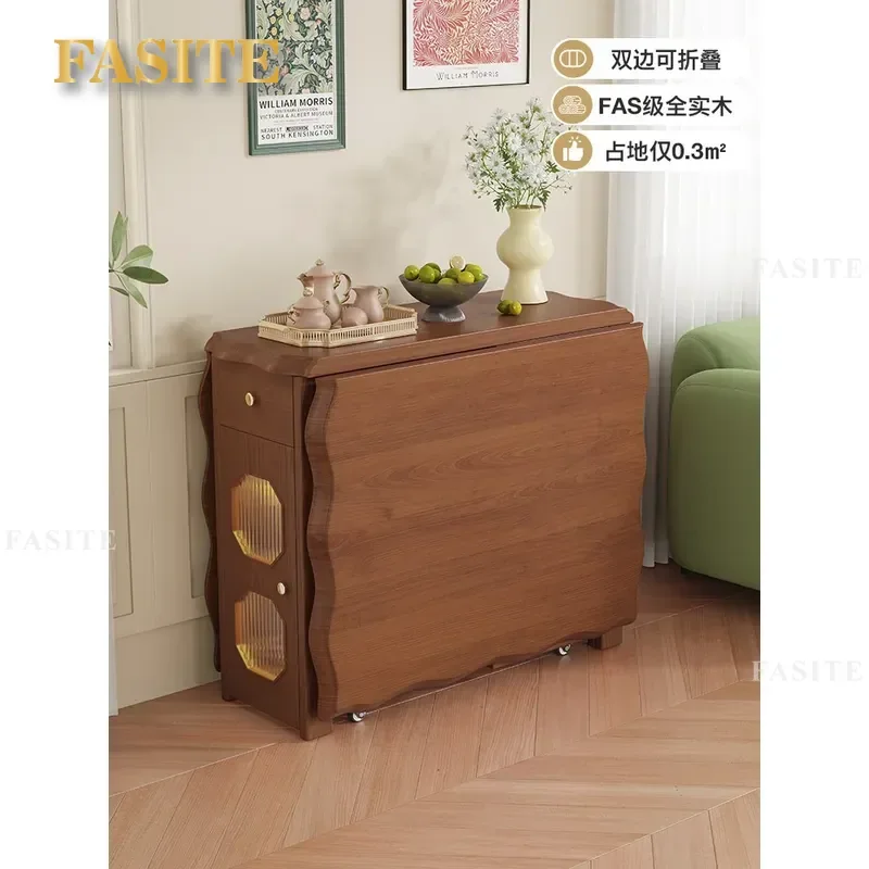 For Small Apartment Solid Wood Folding Dining Table Retro Walnut Color Rectangular Removable Retractable Functional Home