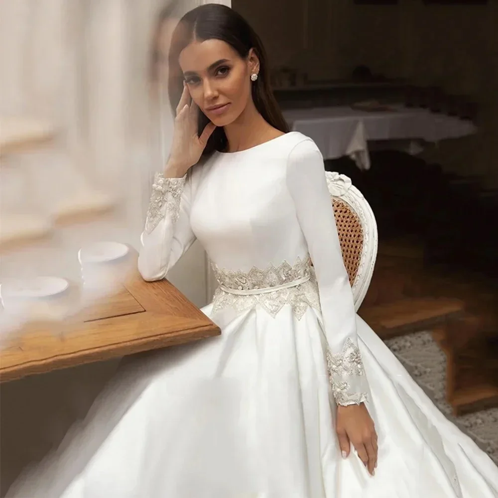 Elegant Appliques Long Sleeves Satin Wedding Dress A-Line Floor Length Belt Bridal Dress Simple Open Back Zipper Wedding Gowns