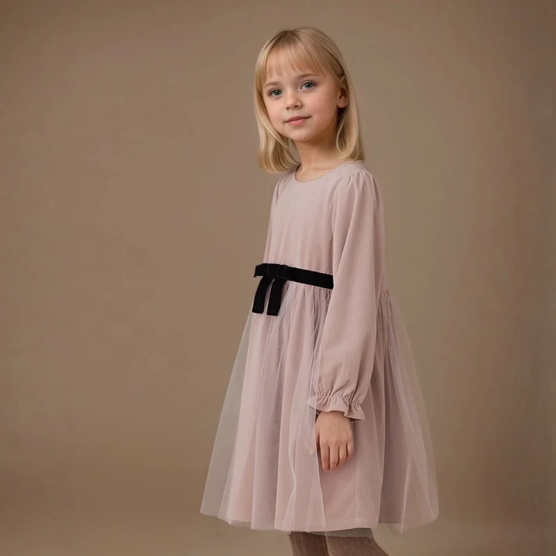 Autumn Keep Warm Plain Long Sleeved Stand Collar Tied Dress Solid Color Kids Dresses Girls Daily Casual Clothes 3-7 Years Old