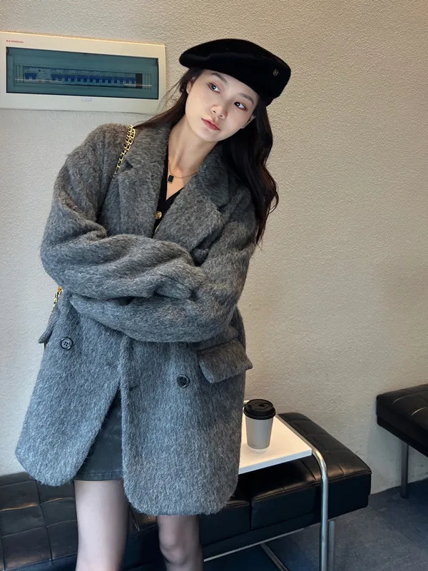 

ay Woolen Suit Coat Women's ort Plu Outerwear Korean Sle Hepburn Wind Autumn Winter High Sensation Small Size