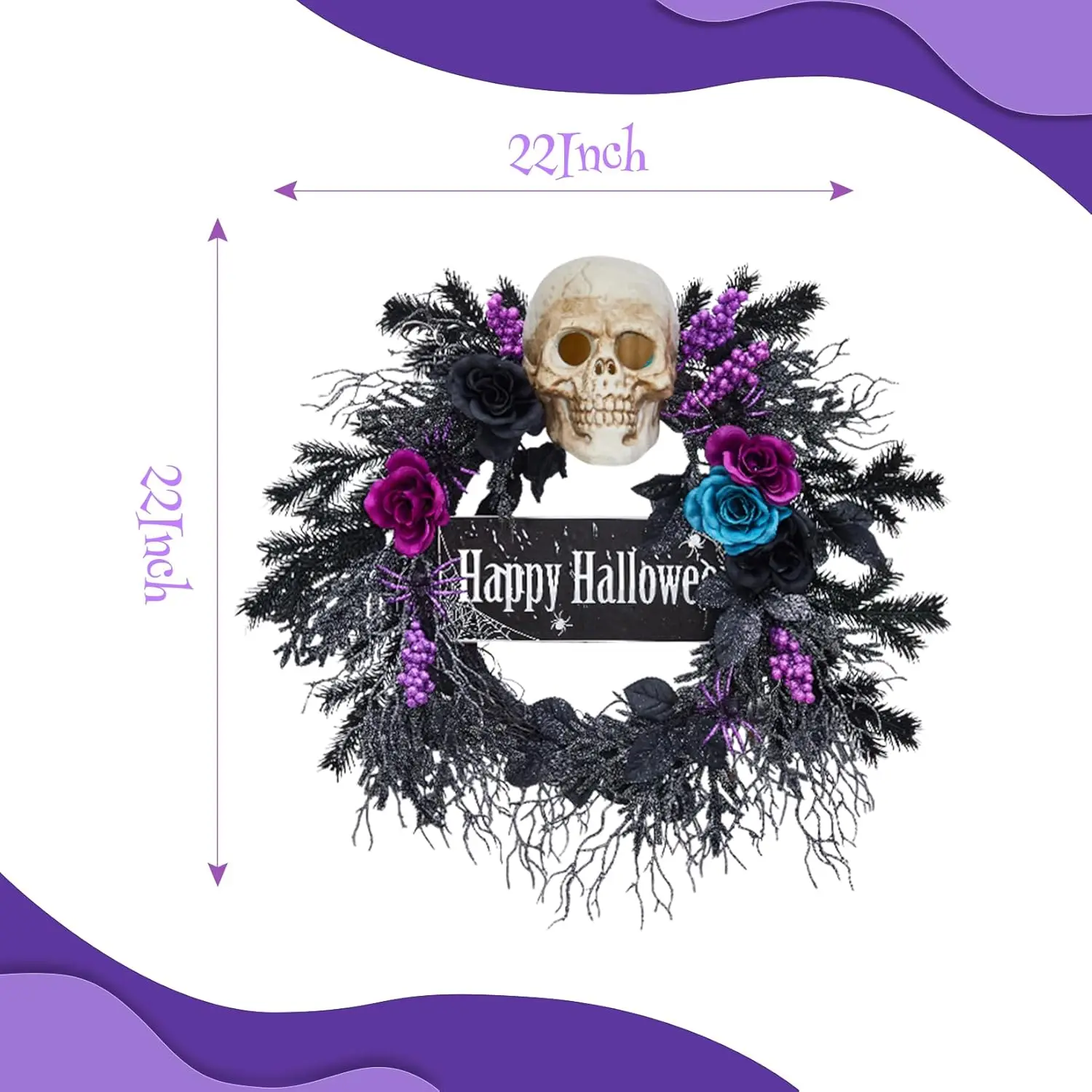 22'' Halloween Wreath for Front Door Halloween Skull Wreath with Lights, Spooky Halloween Wreaths with Black Blue Purple Flowers