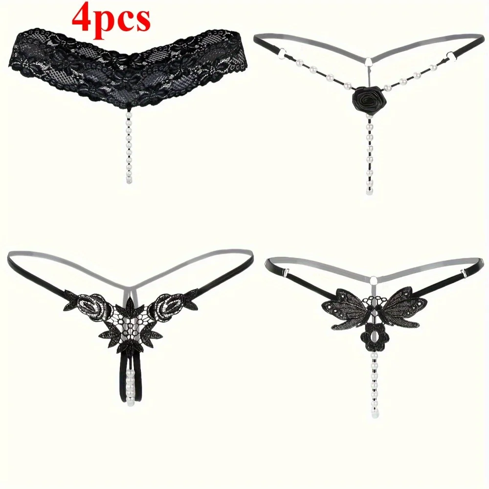 

4 Lace Thongs. Low-waist, open-crotch G-string with pearls. Women's sexy lingerie.