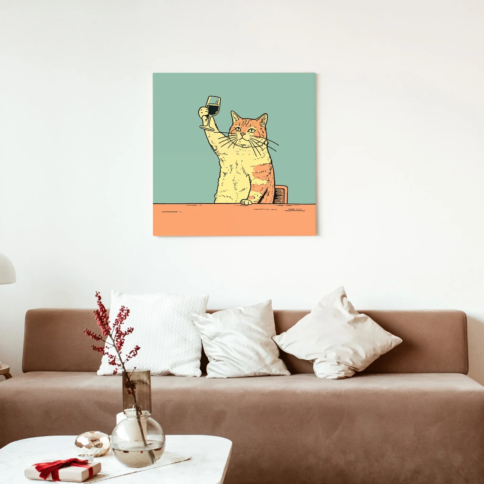 Pôster engraçado de gato de vinho: arte peculiar do carrinho de bar para decoração de bar gato bebendo impressão engraçado pôster de gato amarelo decoração de parede presente para o amor