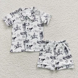 Wholesale Summer Children Rodeo Nightclothes Baby Boy Cardigan Western Cow Cactus Sleepwear Set Shorts Infant Pajamas Outfit