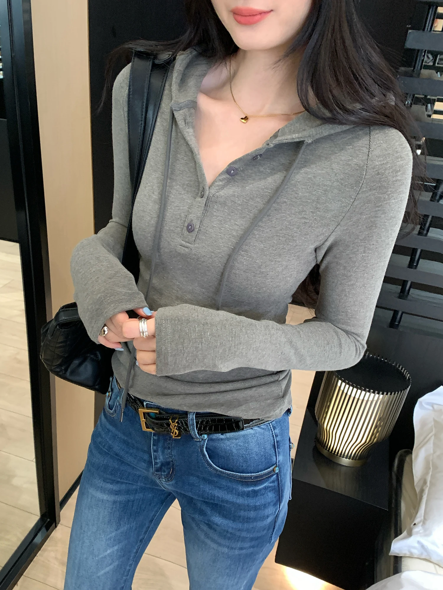 Grey Hoodie Women's Slim Fit Long Sleeve Autumn Winter New Style Base Shirt Inner Wear Top Quality Fashionable Comfortable
