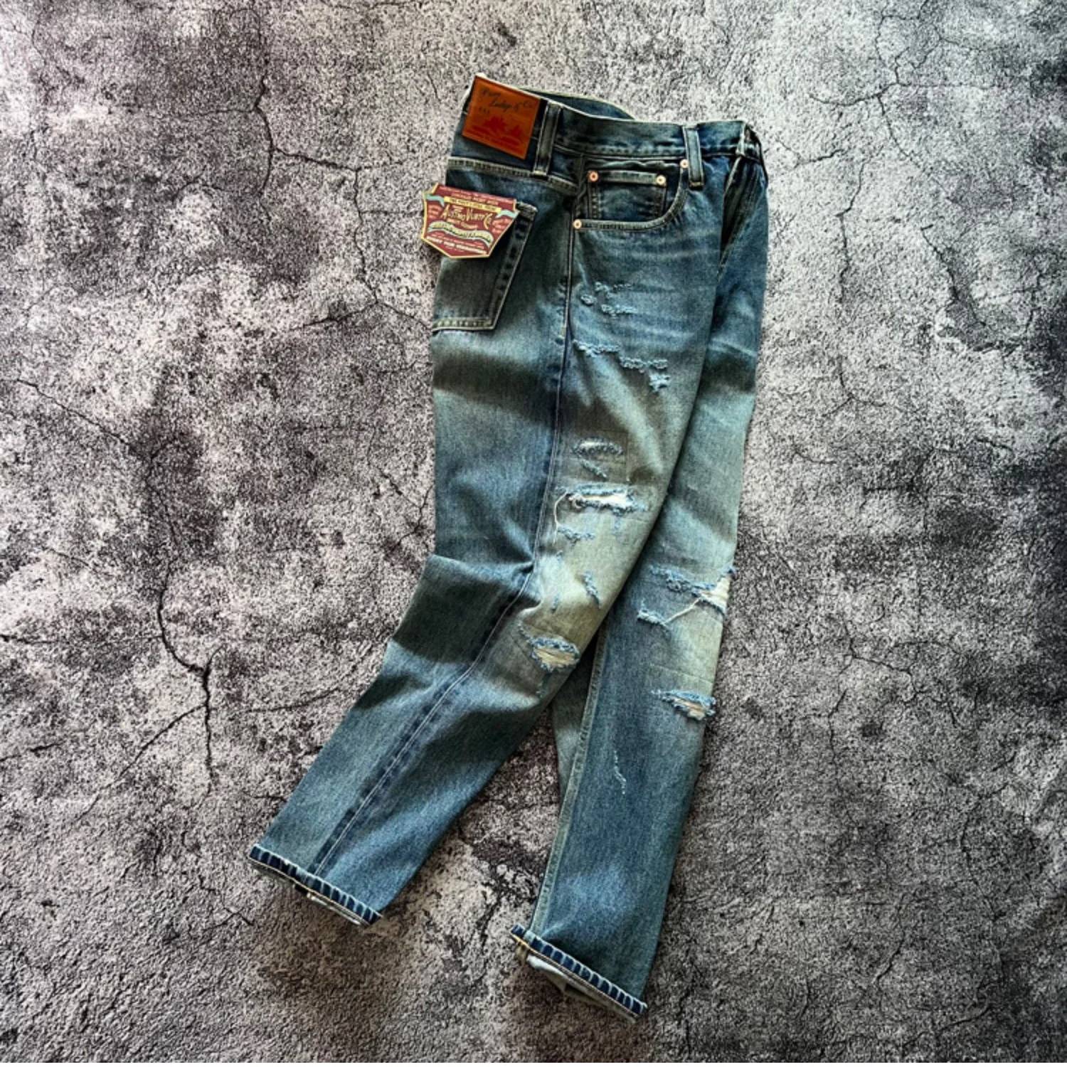 100% Cotton Ripped Hole Yuppie Washed Denim Jeans for Men American Vintage Casual Selvedge Straight Pants High Quality Amekaji