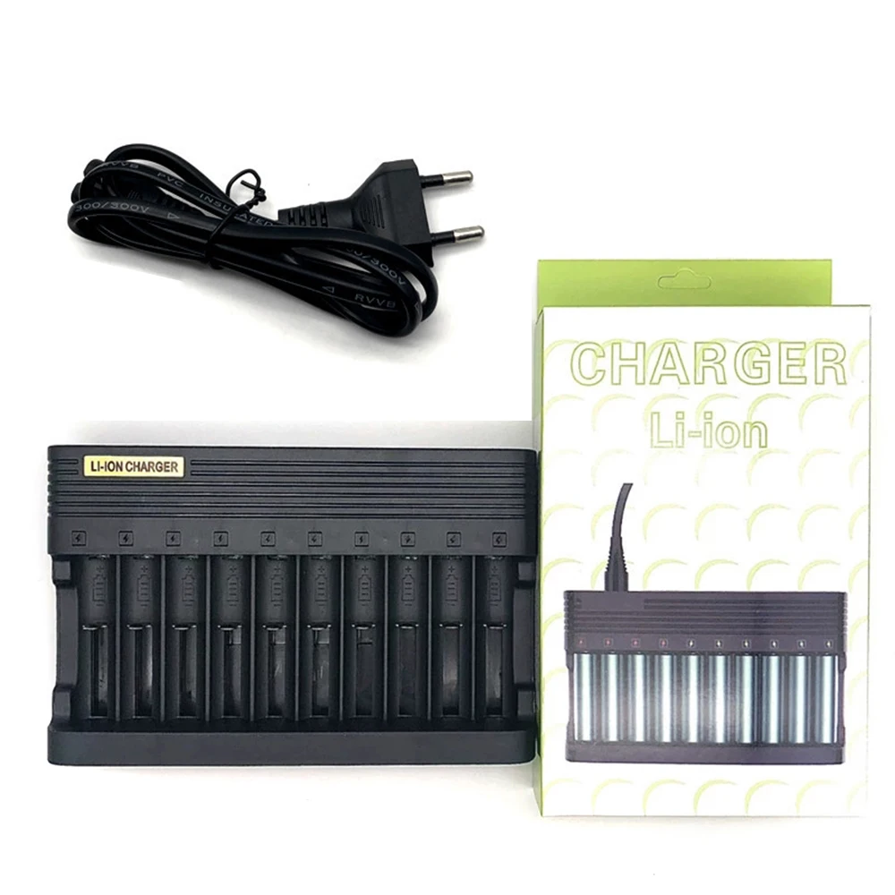 10 Slots Battery Charger Indicator Light for 18650 26650 25500 16340 14500 10440 17500 Rechargeable Batteries EU US Plug Charger