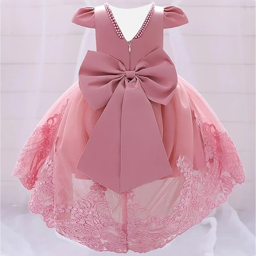 Toddler Flower Girls Dress Bow Tulle 1st Birthday Party Baptism White Baby Dresses Girls Princess Wedding Bridemaid Prom Costume