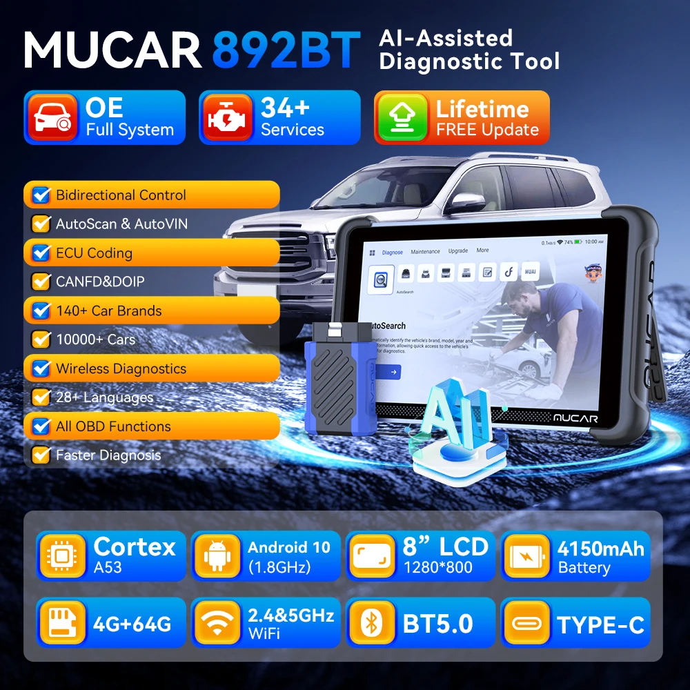 

Автомобильный инструмент MUCAR 892BT AI Assist, двунаправленный сканер Obd2, кодирование ЭБУ, автомобильный диагностический инструмент CANFD DOIP 35, полная система сброса