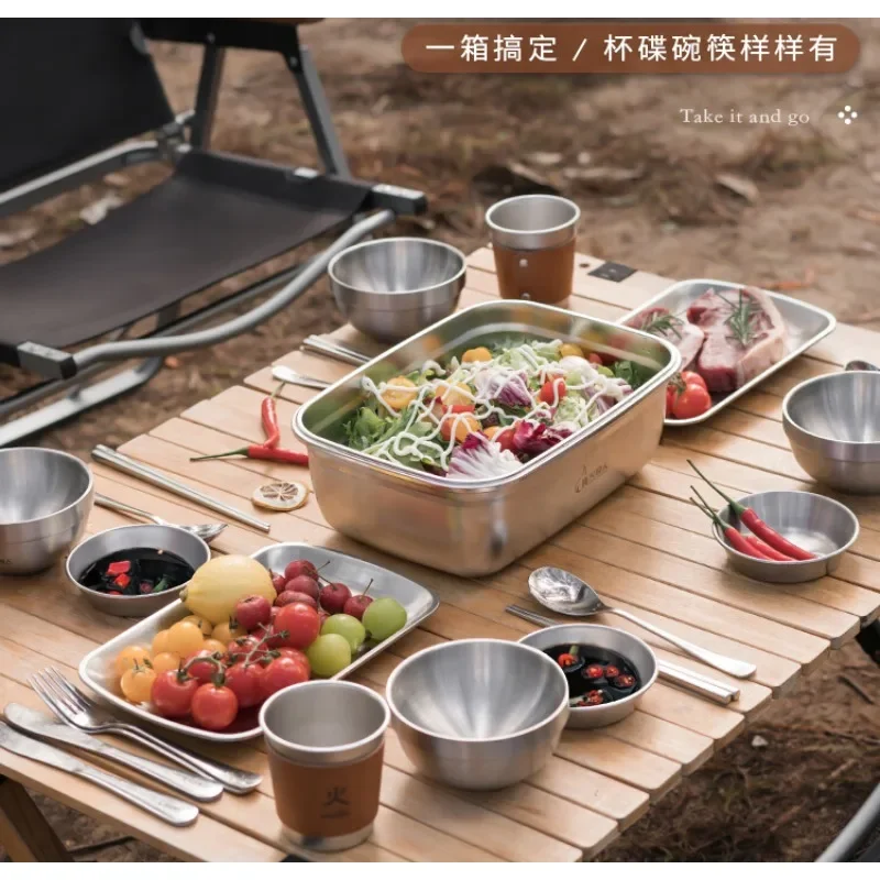 

Outdoor picnic tableware portable storage bag set camping travel stainless steel