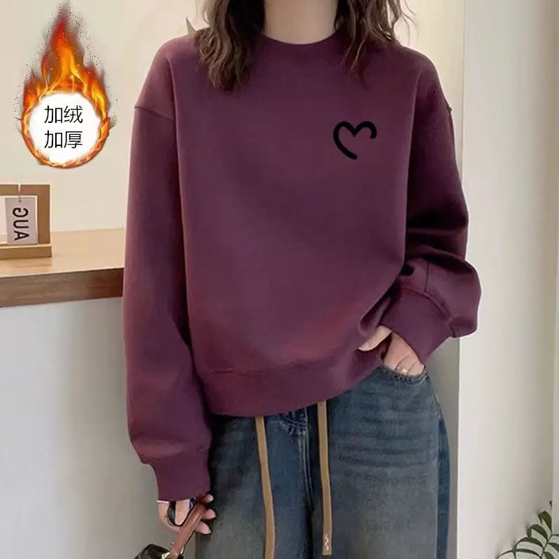 Simplicity Fashion Autumn Winter Women Printing Letter Plus Velvet Thicken Korean Casual Long Sleeve Pullovers Sweatshirts Tops
