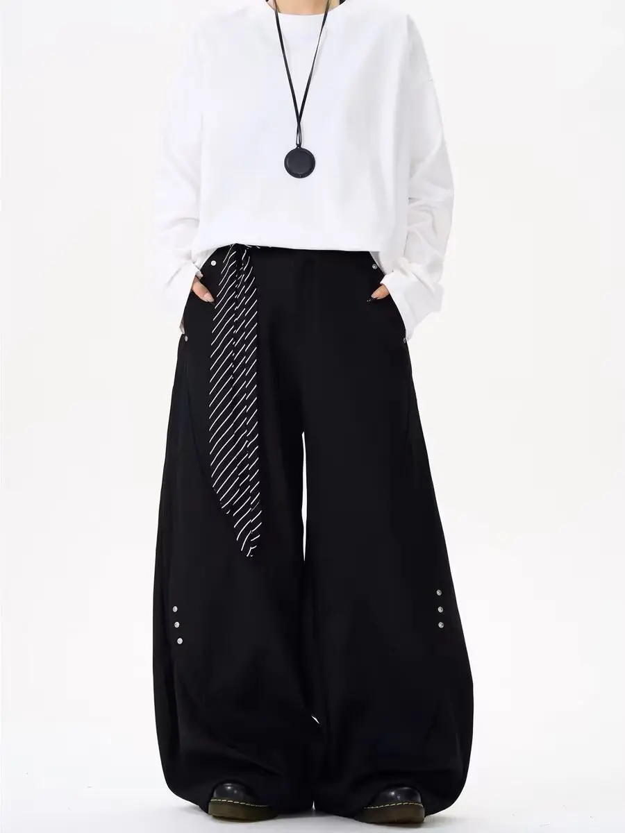 

Американские повседневные брюки в стиле ретро с изогнутым ножом в стиле пэчворк для мужчин, свободные и широкие ноги, опущенные серповидные брюки и relaxe