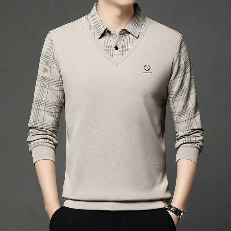

2025 New Fake Two Piece Shirt Men's Long Sleeve New High End Plush Thick Sweater Polo Shirt Warm Bottom for Men