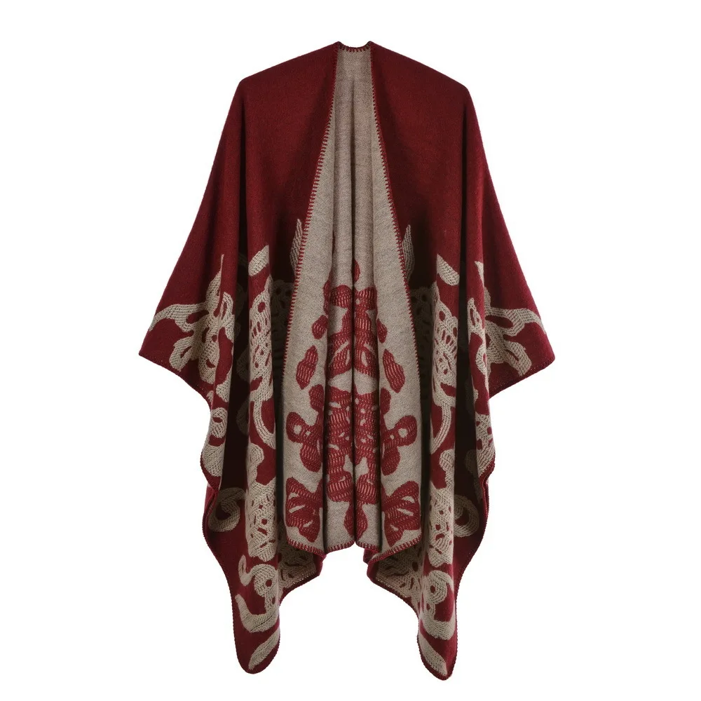 Autumn Winter Butterfly Jacquard Knitted Shawl  Women  Keep Warm Imitation Cashmere  Poncho Lady Capes Red Cloaks