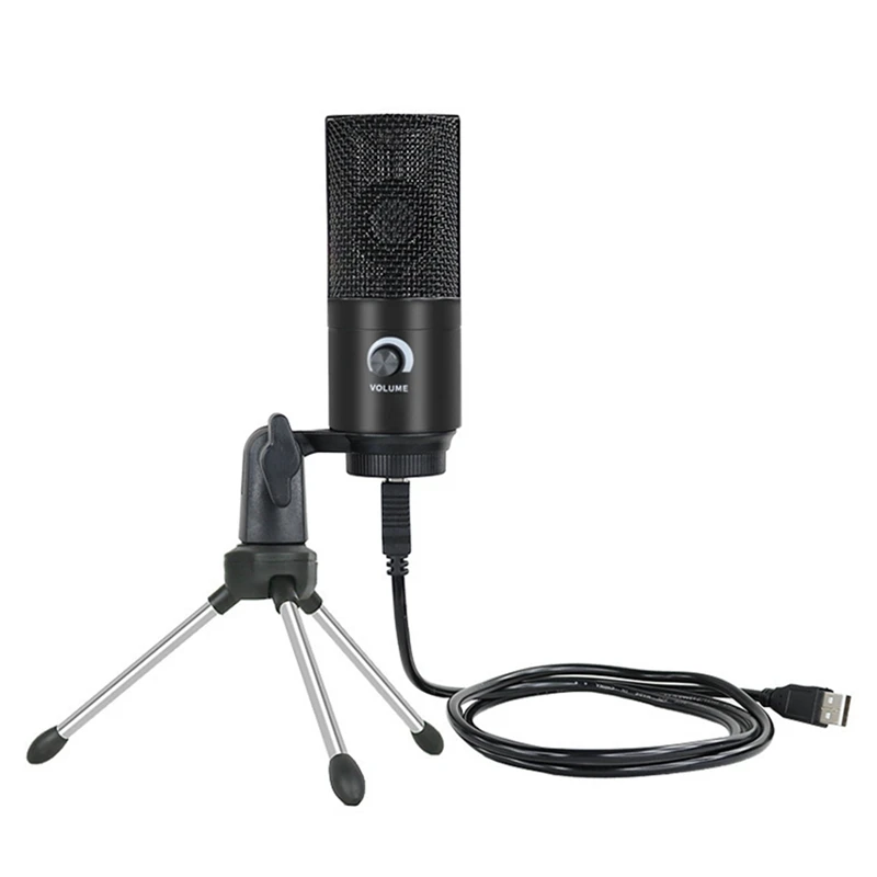 RISE-USB Condenser Microphone Mic With Mini Tripod Stand And Gain Knob For PC Laptop Games Playing Music Recording