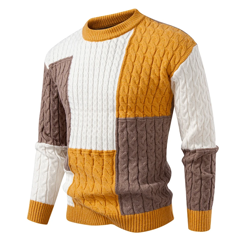 

Men's Simple Color Blocked Knitted Sweater 2025 Autumn/Winter New Men's Hoodie Slim Fit Fashion Round Neck Warm Hoodie