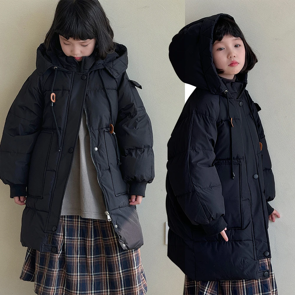 

Winter Cotton Coat Mid-length Hooded Down Jacket for Kids Thicken Overalls for Children Solid Clothing Kids Outwear Korea Style