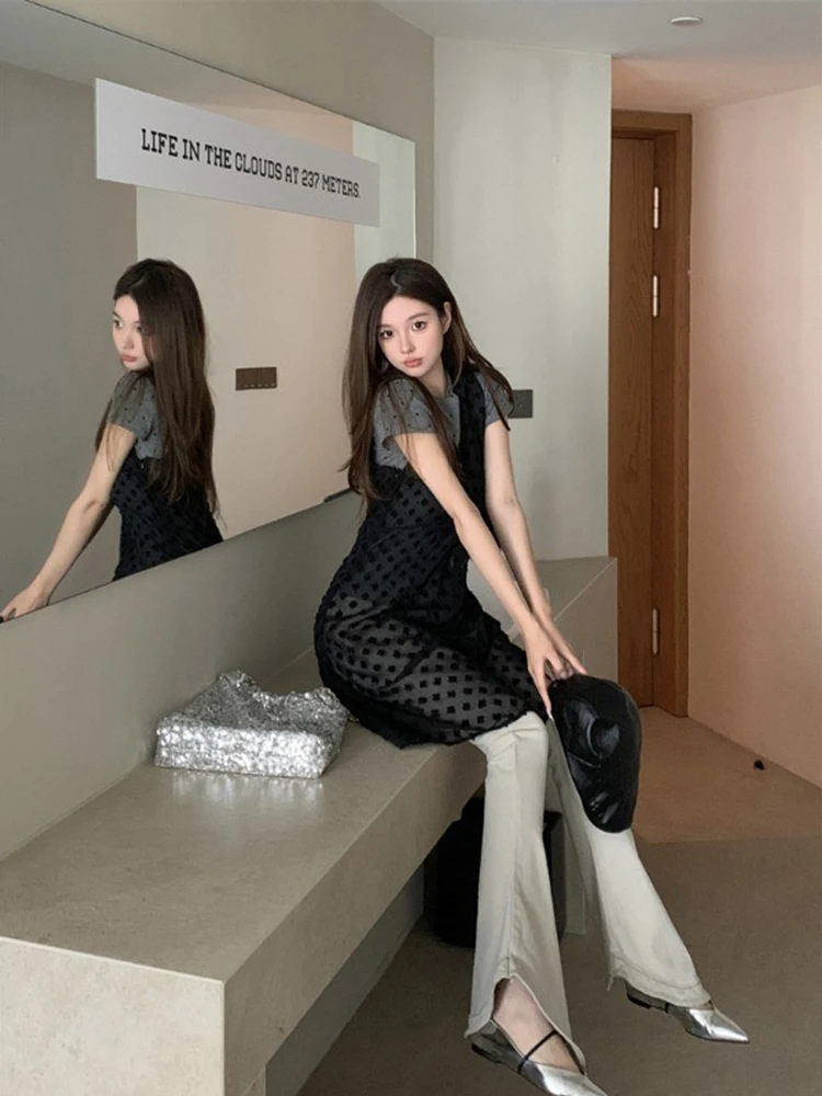 Vestido Colete em Camadas Estilo Coreano F Novo 2025 Vestido ter de Renda Branca Vestido Midi com Cortina de Rede e...