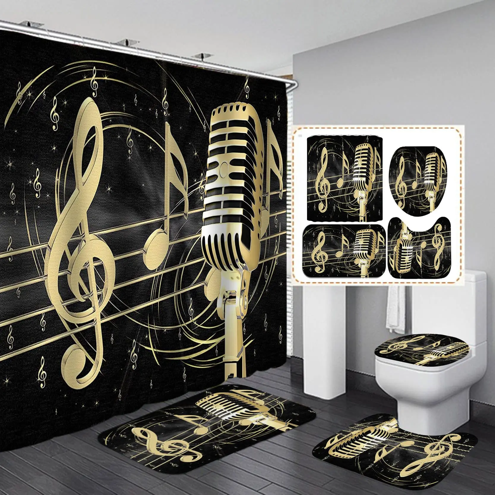 

4PCS Music Shower Curtain Set, Musical Notes Luxury Bathroom Decor,Gold Microphone Bath Curtain Non-slip Bath Mat Rug,Waterproof