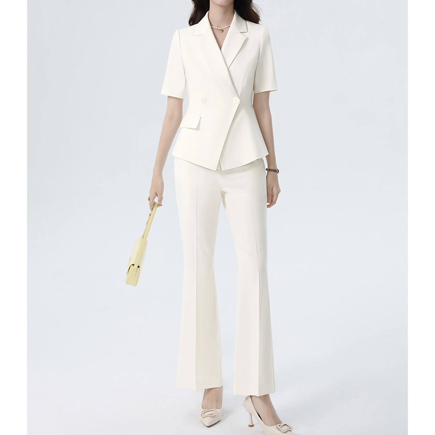 Allingentle Blue Women's Suit Slim Fit Pantsuit 2 Piece Suit Short Sleeve Blazer & Wide-Leg Pants for Casual Office Customize