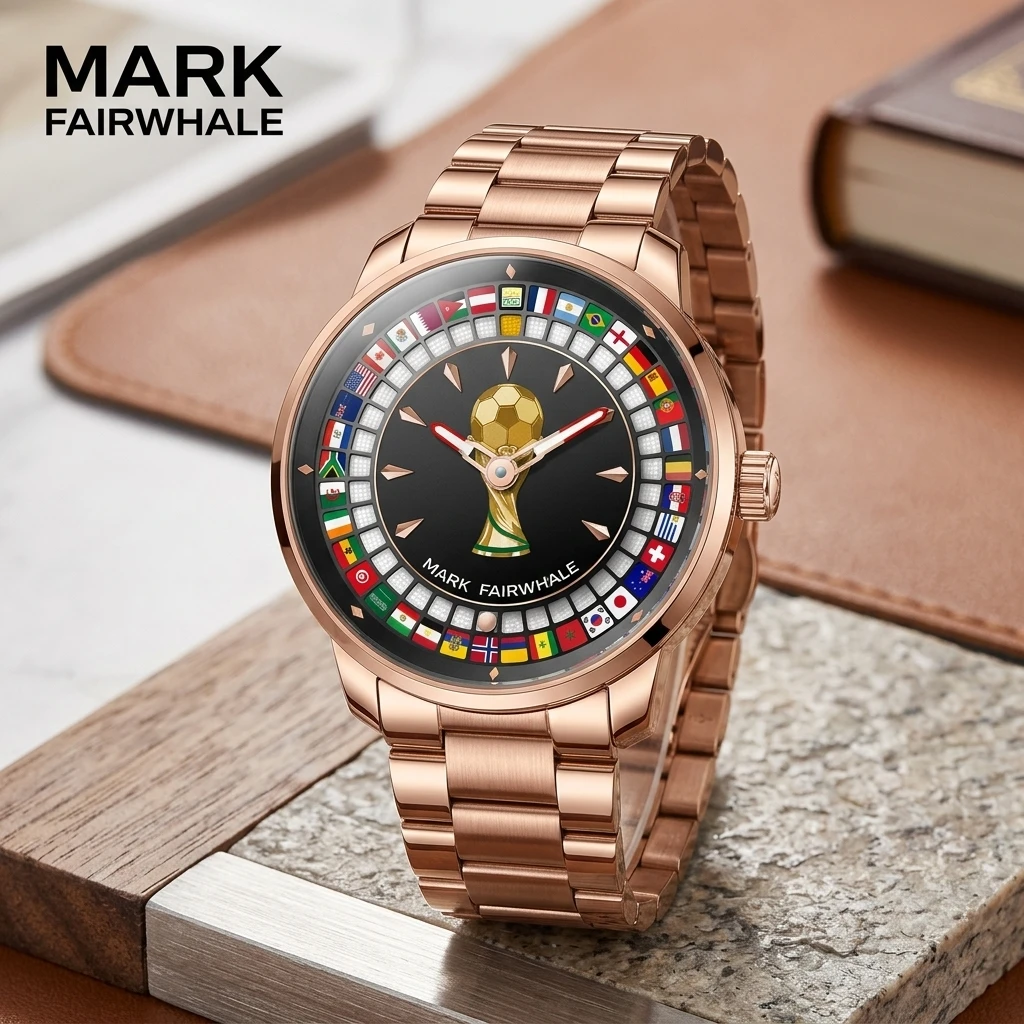 Mark Fairwhale Trend Quartz Watch Special World Flag Football Dial Stainless Steel Band Men Sports Dress Wristwatch