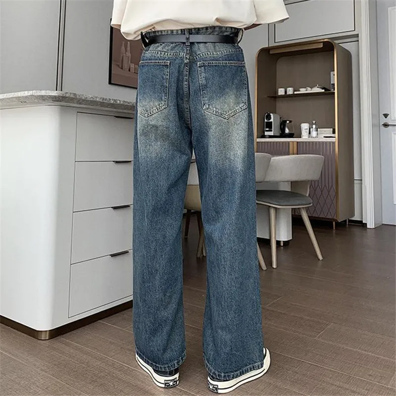 Blue High Street Fashion Jeans Men\'s Clothing Solid Color Wash Straight Leg Pants Button-pocket Loose Summer Trousers A054