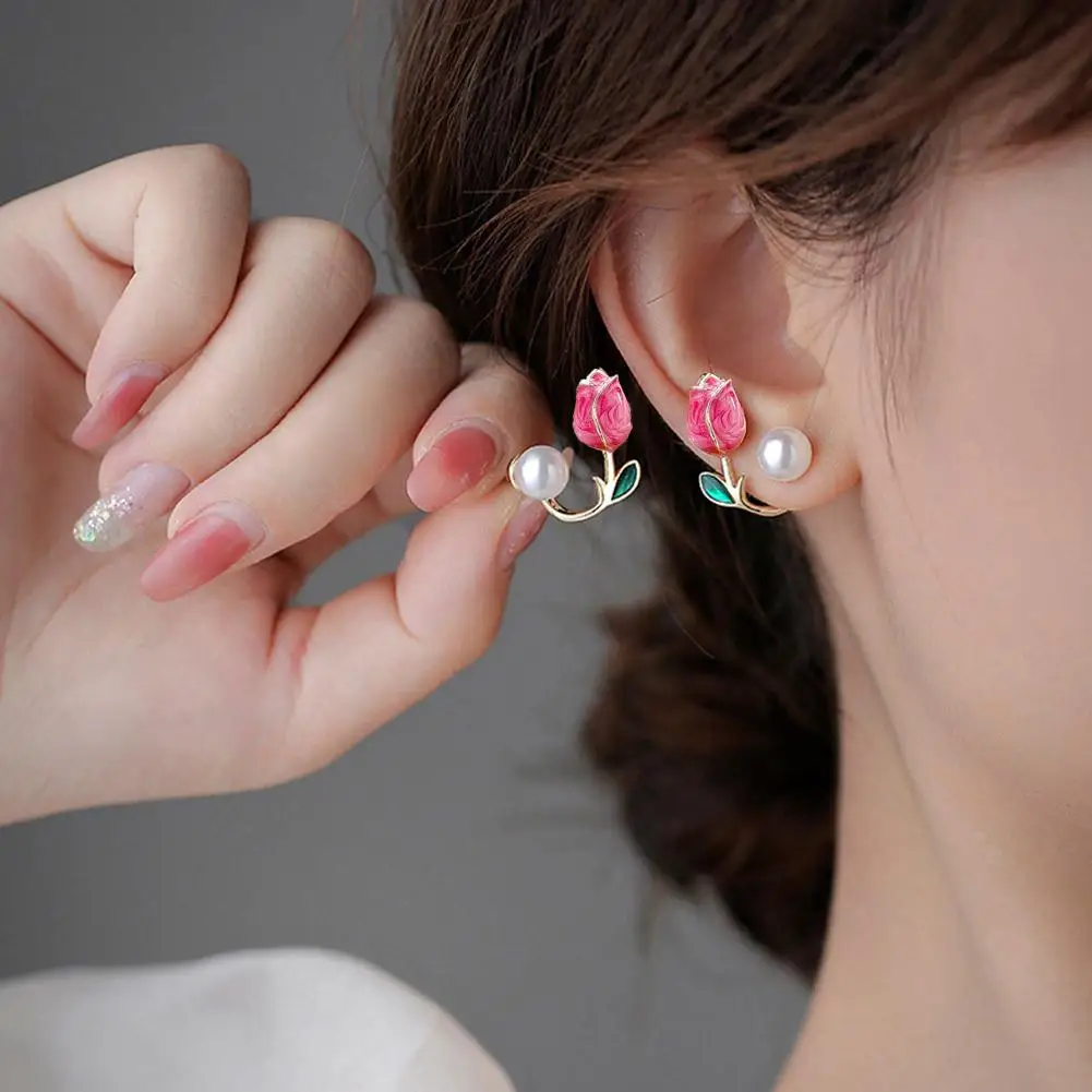 Sweet Fashion Enamel Pearl Tulip Flower Stud Earrings For Women Korean Temperament Zircon Back Hanging Earring Wedding Jewelry