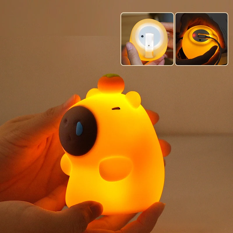 Capybara lampu malam kartun Capybara silikon, lampu suasana samping tempat tidur pengisian Usb dengan Sensor Pat tidur