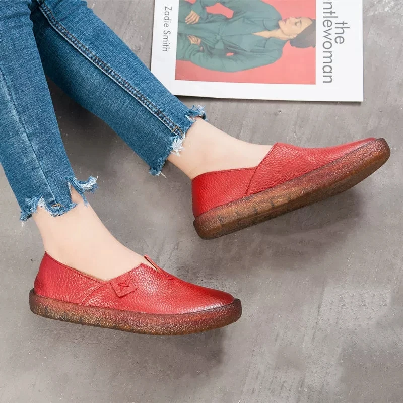 WOIZGIC Women Mother Female Ladies Shoes Flats Loafers Cow Genuine Slip On Leather Pigskin Retro Superstar 34-41 ZDA-1021