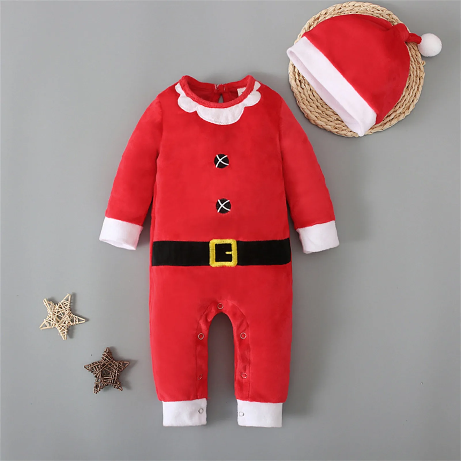 Baby Xmas Christmas Outfits Boys Girls Red Santa Claus Jumpsuit Fleece Romper Hat 2pcs Set Kids My First Christmas Baby Costume