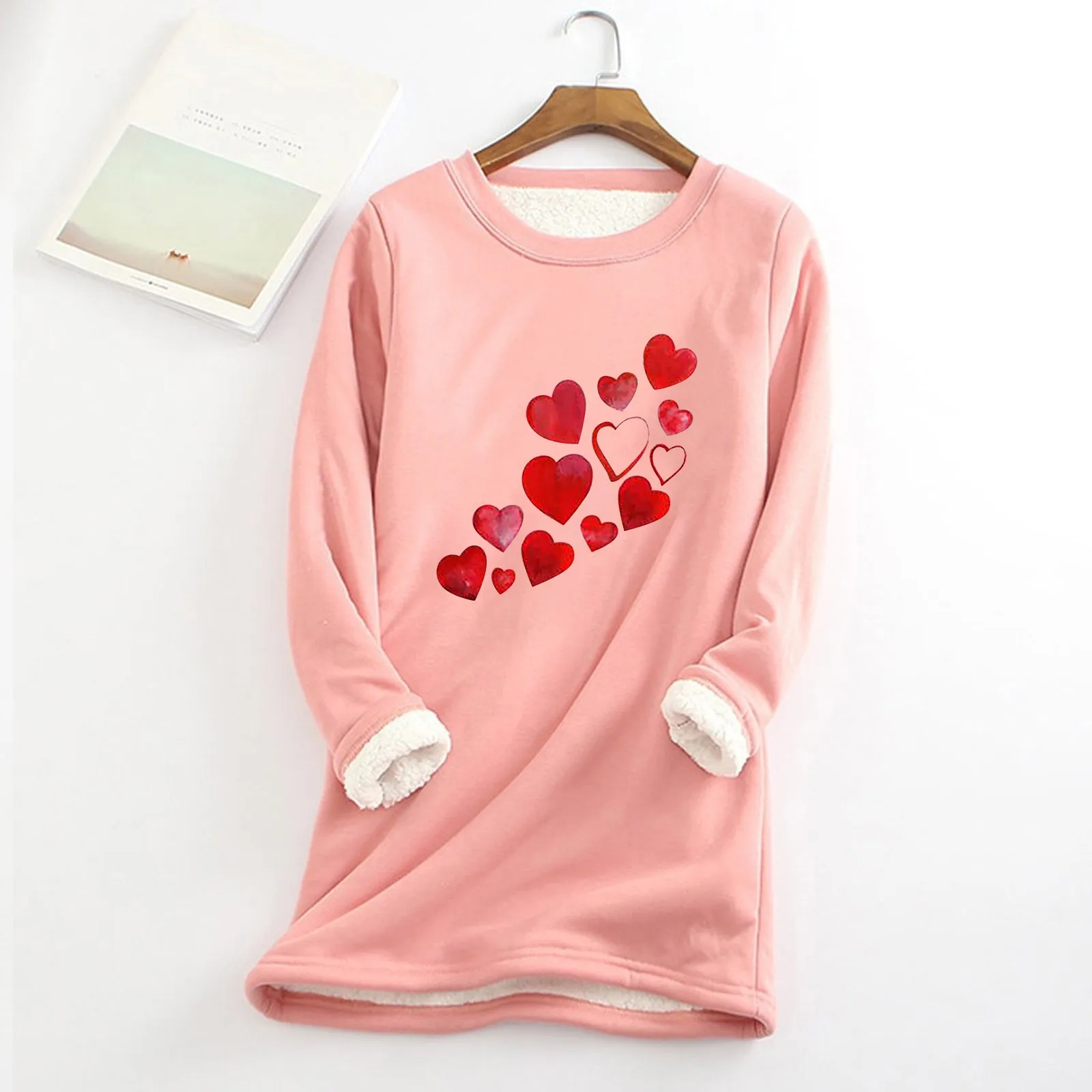 

Love Heart Print Women Sweatshirt Fall Winter Thicken Plus Fleece Warm Slim Fit Bottoming Tops O-Neck Long Sleeve y2k Pullovers