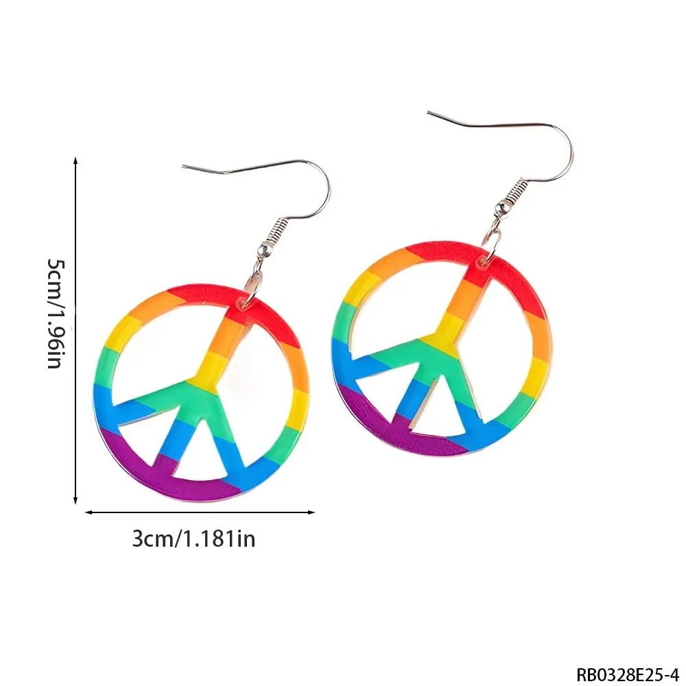 Kolczyki w stylu lat 60. z tęczowym znakiem pokoju, idealne jako dodatek do retro, vintage, hippie kostiumów na imprezy.