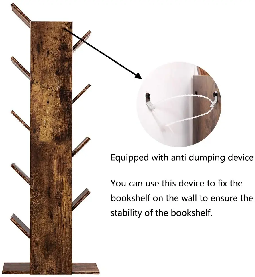 Industrial 9-shelf tree bookshelf, floor standing tree bookcase bookshelves storage rack in home and office