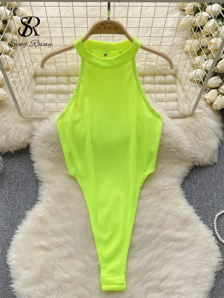 SINGREINY Halter Open Crotch Sexy Bodysuits Female Sleeveless Slim Backless Porn Bikini French Solid Thin Slim Beach Playsuits