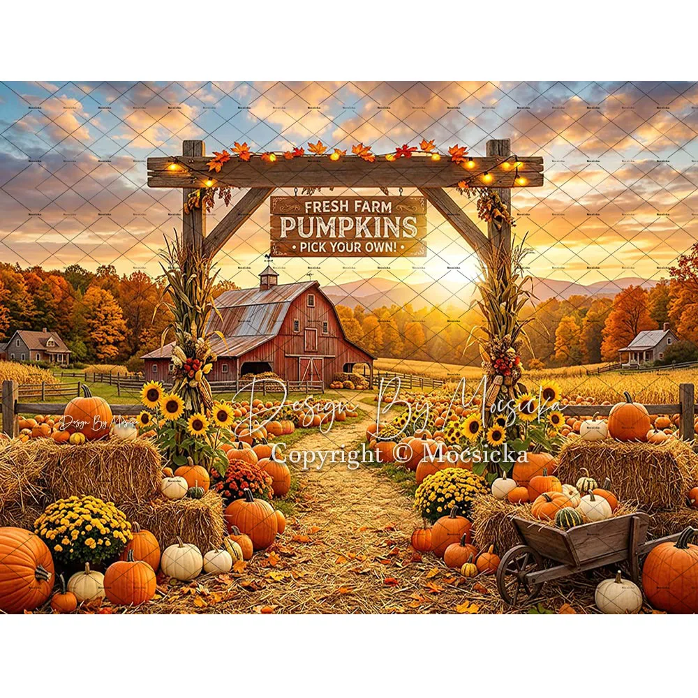 Mocsicka Rustic Fall Farm Backdrop Photography Pumpkin Sunset Wooden Fence Harvest Background Thanksgiving Holiday Family Photo