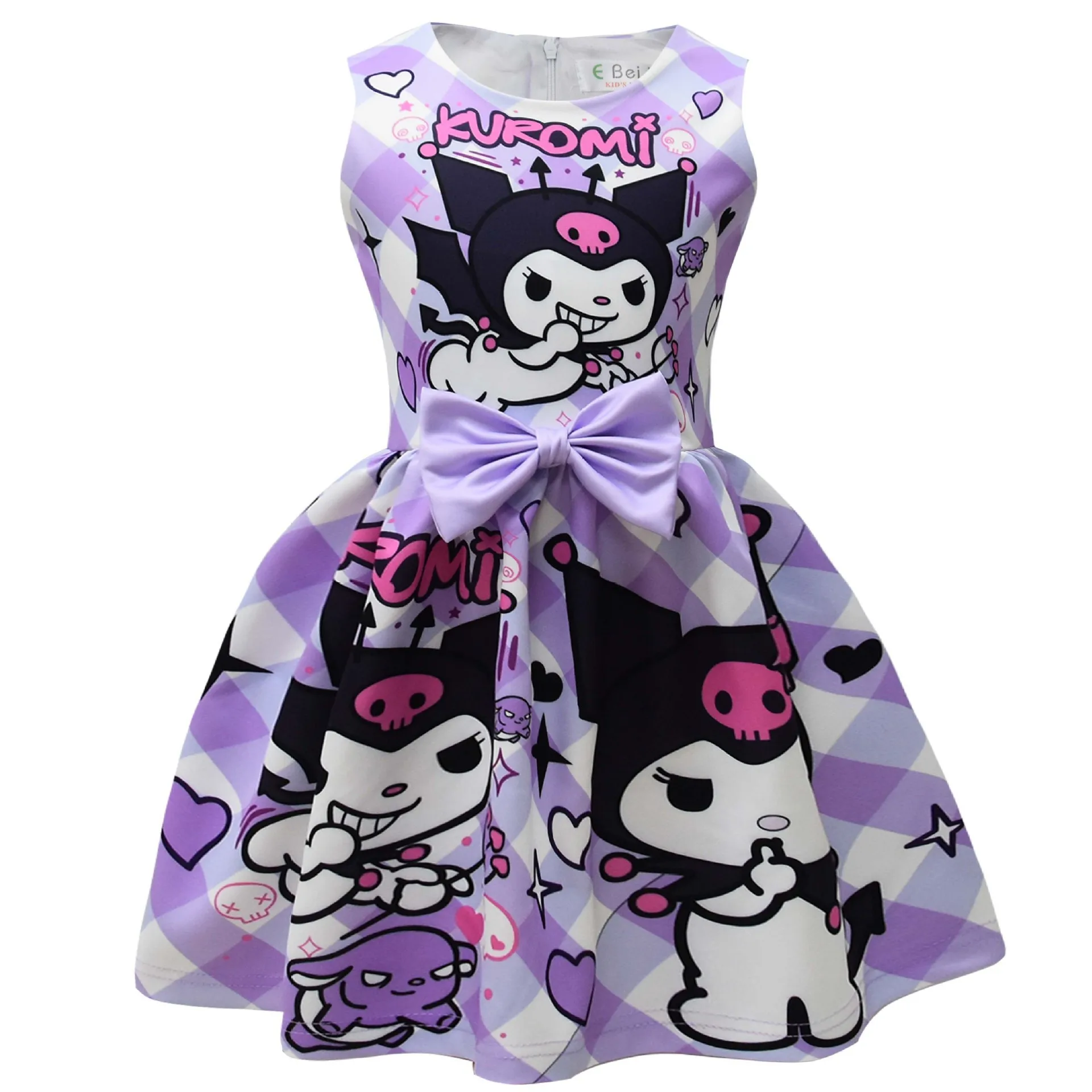 

Girls Kuromi Cartoon Dress Spring Summer Sleeveless Purple Bowknot Plaid Princess Dress Birthday Party Casual Daily Outfit