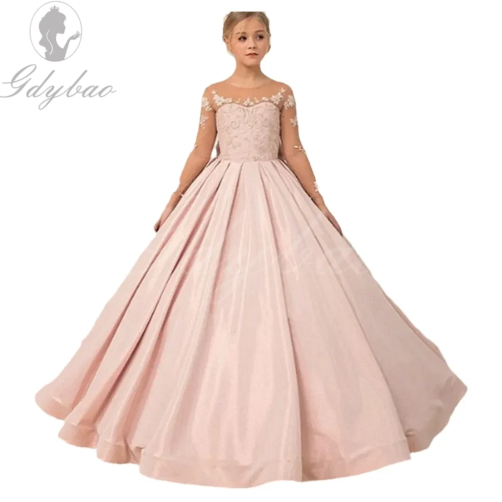 Rosa Blumen mädchen kleider mit Schleife, langem Tüll, Gold applikationen, Prinzessin Hochzeit Geburtstags feier kleid, Kinder wettbewerb Ballkleider