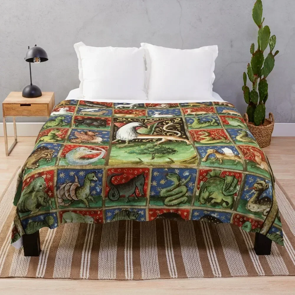 MEDIEVAL BESTIARY Fantastic Animals in Red Blue Green Gold Hues Throw Blanket Thins manga Fashion Sofas Soft Beds Blankets