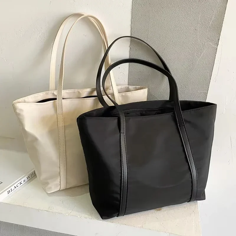 Simple Solid Color Shoulder Bag Handbag Oxford Top-handle Totes Female Large Capacity Shopping Street Zipper Bags for Women