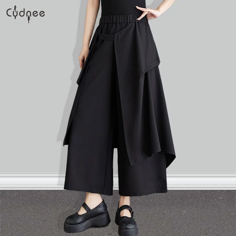 Solid Gothic High Waist Wide Leg Pants Women Chic Asymmetrical Pants Female Jogger Trousers Bandage Streetwear Plus Size Capris