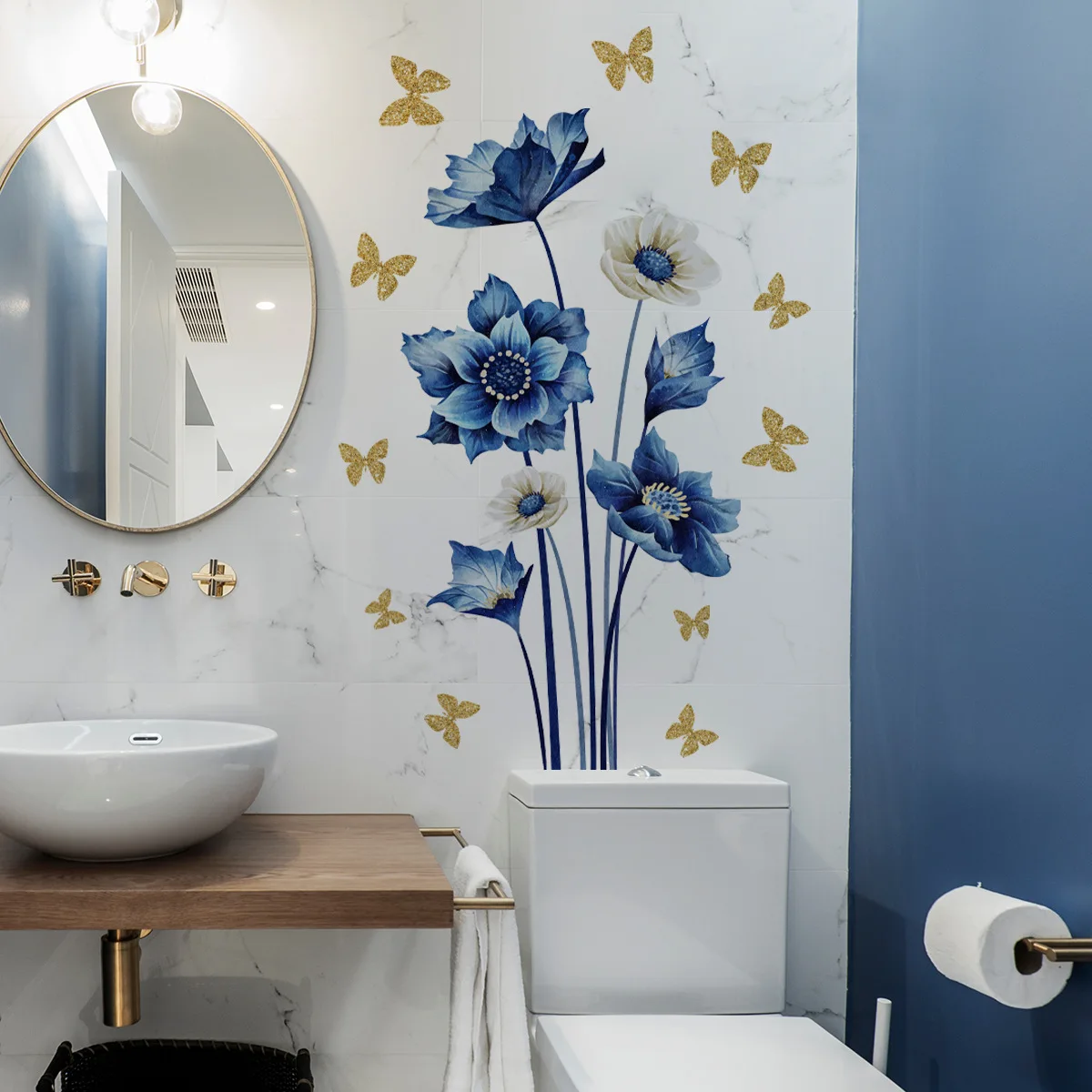 New Blue Flowers, Flowers, Golden Butterflies Decoration Beautify Bedroom, Room, Living Room Wall, PVC Stickers