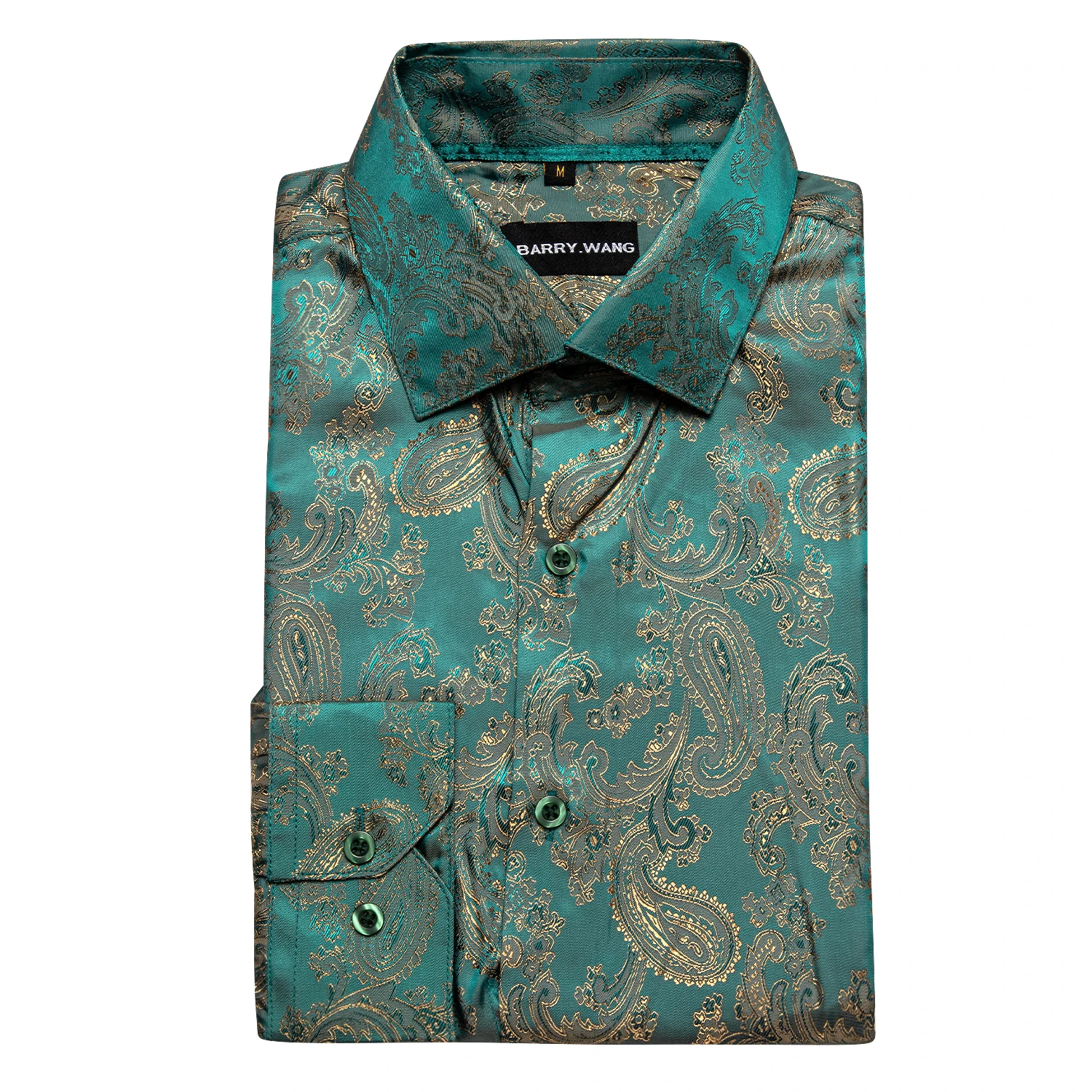 Barry.Wang Luxury Green Paisley Silk Shirts Men Long Sleeve Casual Flower Shirts For Men Designer Fit Dress Shirt BY-0086