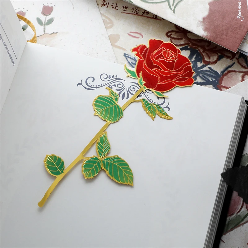 Marcapáginas de Metal con diseño de flores y hojas de rosas, marcador con borla, Clip de libro, marca de paginación, regalo para estudiantes, material escolar de papelería