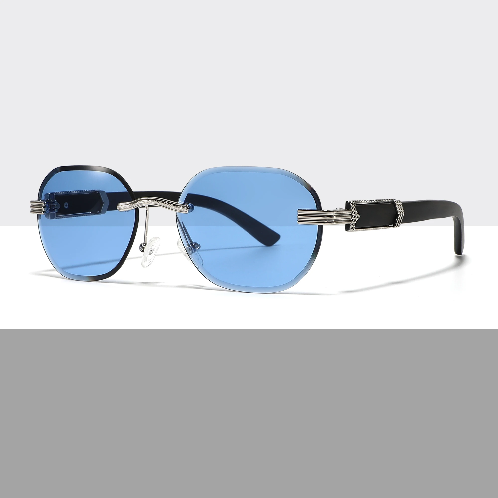Unisex Luxury Oval Rimless Sunglasses UV400 Fashion Sun Glasses with Wood Temple High Quality Custom logo Eyewear for Men Women