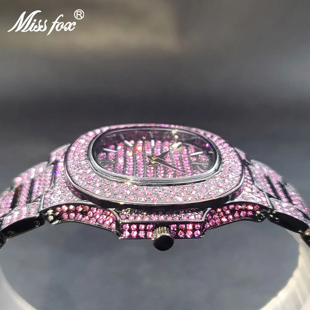 Diamond Men\'s Watch Black Full Pink Zircon Bling Bling Hip Hop Stylish Quartz Watch For Man Calendar Hand Clock Dropshipping